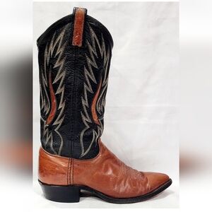 Dan Post BLACK BROWN/TAN Boot Cowboy Western Leather Pull On Ride Men 7.5 M Used